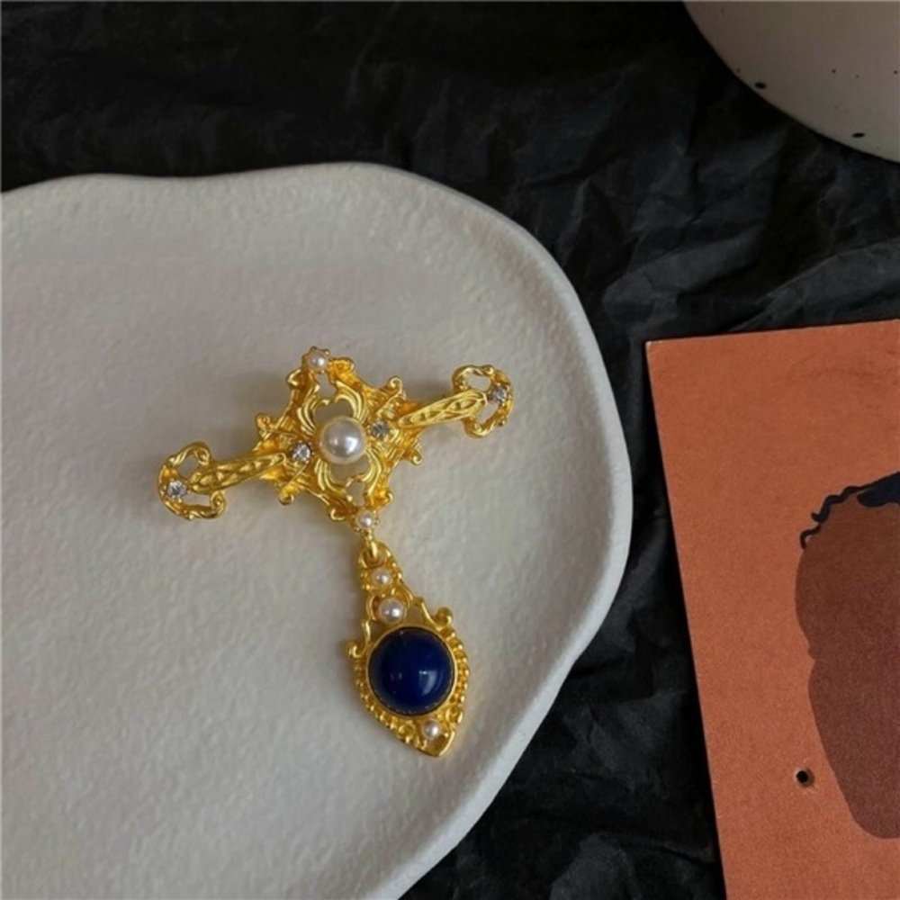 Baroque Dangle Brooch Womens OS Gold Blue Excellent Faux‎ Pearl Detachable Drop
